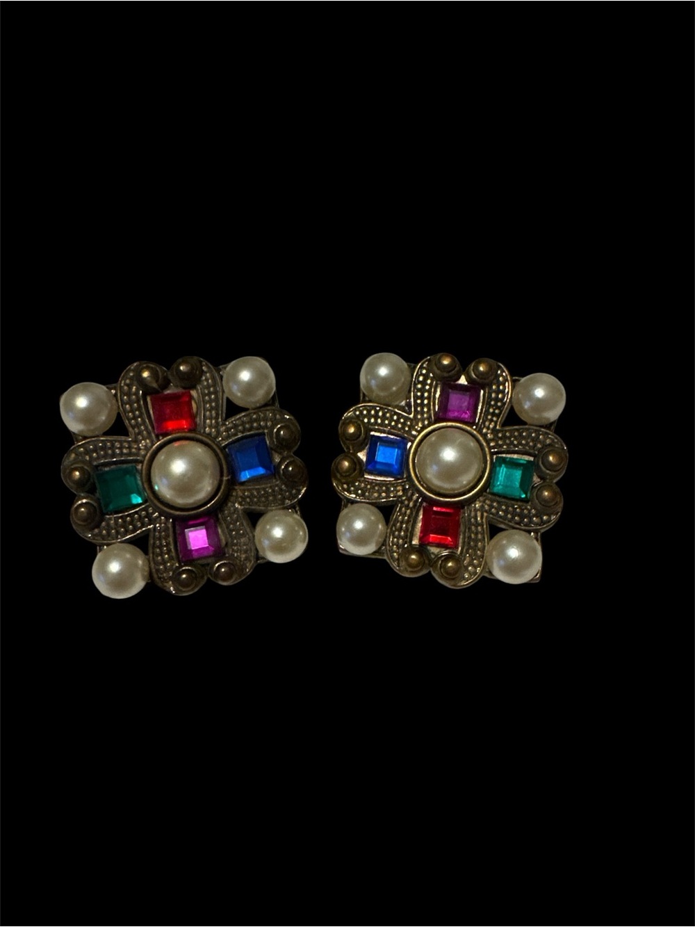 Vintage-Inspired Multicolor Gem & Pearl Cluster Earrings